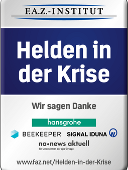 Das Logo/Zertifikat der Auszeichnung "Helden in der Krise", eine Auszeichnung, die das FAZ-Institut gemeinsam mit Hansgrohe, Beekeeper, Signal Iduna und news aktuell direkt für Engagement in der Corona-Krise verliehen wurde.