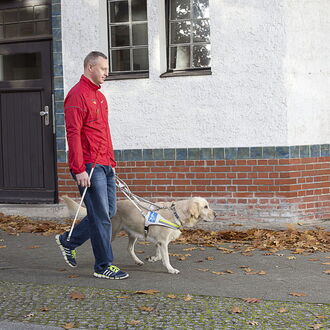 Ein Mann mit Führhund geht die Straße entlang. In der rechten Hand hält er zusätzlich einen Langstock