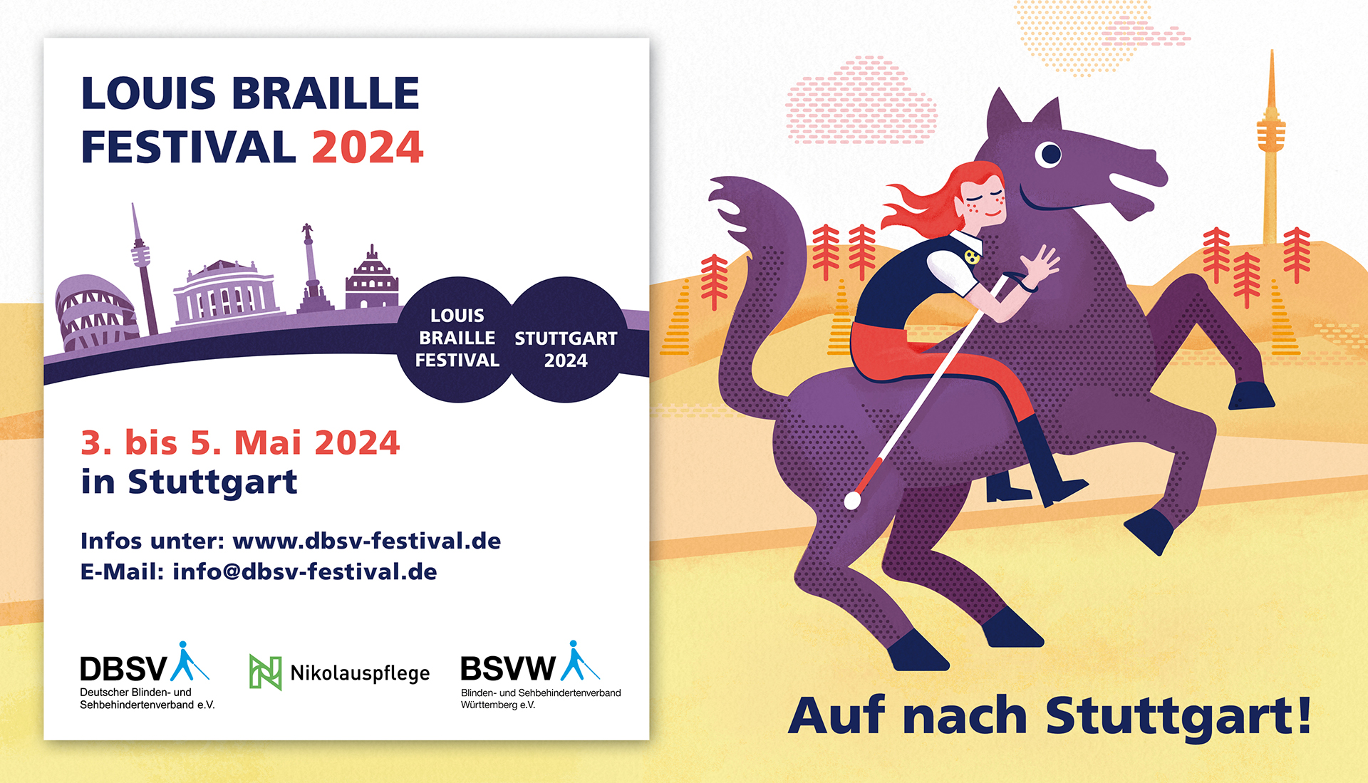Illustration im Querformat. Den Hintergrund bildet eine hellgelbe, hügelige Landschaft mit weißem Himmel.  Auf der linken Bildhälfte ist eine weiße Fläche vor den Hintergrund gesetzt. Auf ihr in Dunkelblau auf Weiß der Text: „Louis Braille Festival“, dane